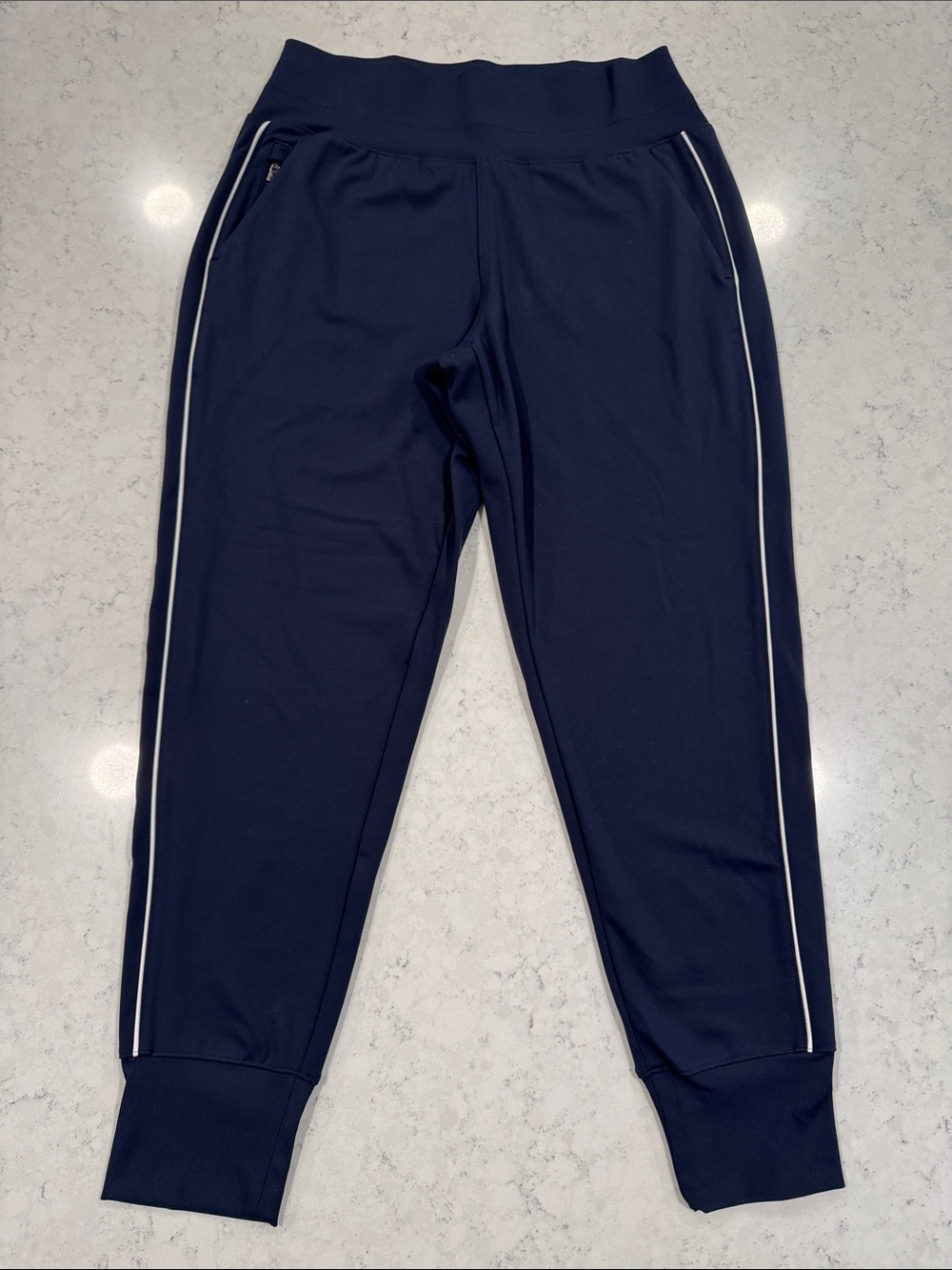 Athleta Women's Med Venice Joggers Navy w/ White Stripes Side Legs Pockets Yoga